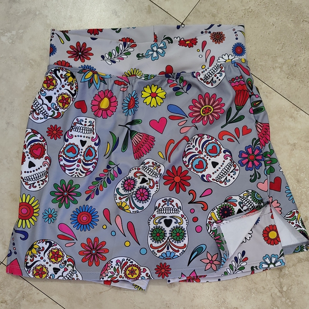 SKORT OBSESSION Floral Sugar Skull Skirt with Shorts & Pockets Womens Sz XS NWOT